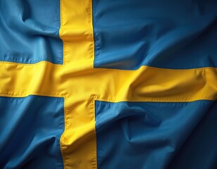 Fototapeta premium Close up view of Swedish flag waving. National symbol in blue and yellow colors. Fabric texture with cross emblem. Represents heritage culture pride patriotism and nation.