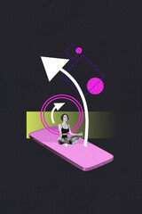 Vertical image artwork pop trend collage of happy businesswoman sit lotus pose phone screen arrow development success promotion