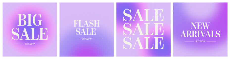 Set of trendy square social media posts design templates. Set of sale banners with gradient background. Trendy gradients, typography, y2k. Banners with blurred gradients.