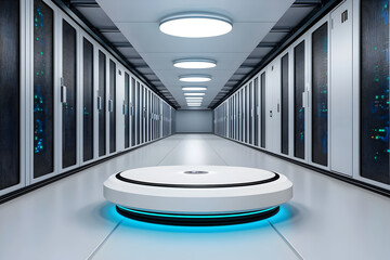 Futuristic AI powered robot hovering in data center corridor. Advanced technology for supercomputer network and storage