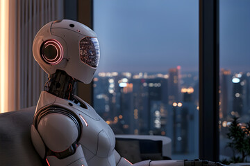 Pensive robot with ai technology in lonely contemplation, looking out window at future cityscape at night