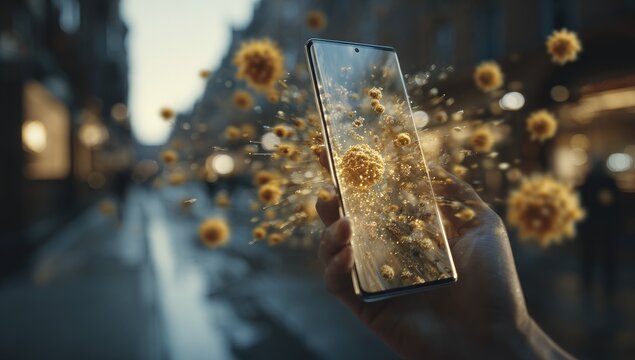 A hand holds a smartphone with virus particles radiating out against a blurred urban backdrop
