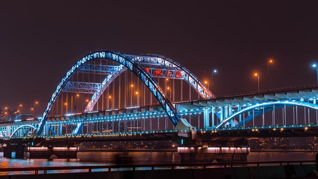 Hangzhou Double Deck Bridge Viaduct Night Scene with Blue Illumination and Traffic Flow Timelapse