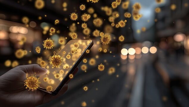 A person holding a smartphone with CGI viruses emanating towards a blurred urban setting - Powered by Adobe