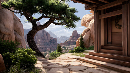Serene desert landscape with majestic mountain, canyon, and quiet path leading past wooden building and juniper tree