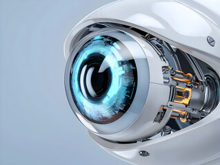 Hyperrealistic bionic eye of robot or cyborg showing future AI technology and advanced vision concept with watchful feeling
