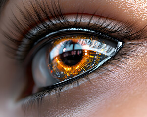 Intense close up of futuristic robotic eye of cyborg. vision of artificial intelligence and advanced technology