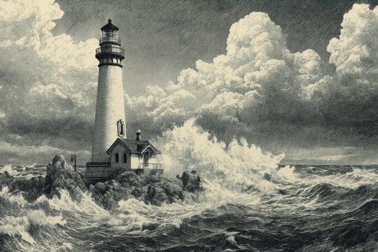 Stormy sea waves crash against a lighthouse standing tall on rocky shores under a dramatic sky full of dark clouds