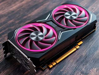 Powerful pink gaming graphics card for computer. This futuristic hardware showcases modern high tech technology