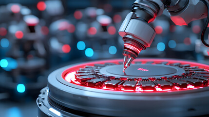 Intense robotic manufacturing technology shows sci fi automation in factory for future production of electronics