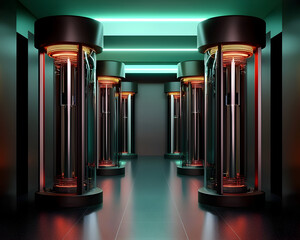 Sleek, ultra modern quantum computer in glowing futuristic corridor. This advanced technology server room feels mysterious