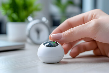 Focused hand touching smart home automation device. Futuristic gadget representing modern control and technology