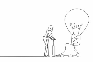 Single continuous line drawing a woman in casual clothes pumping large lightbulb and air bubbles in the hose. Developing creative thinking. National Creativity Day. One line design vector illustration
