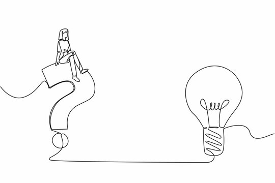 Continuous one line drawing a woman sitting on a big question mark symbol and a light bulb. Reliable analyst problem solver. Smart. National Creativity Day. Single line draw design vector illustration - Powered by Adobe