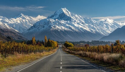 Fototapeta premium A picturesque road leads toward snow-capped mountain peaks in a vibrant, autumn landscape