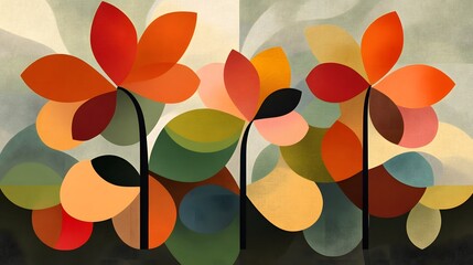 Abstract Geometric Floral Artwork Autumn Colors Mid Century Modern Style