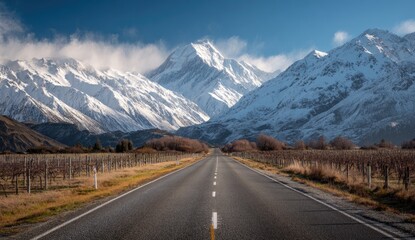 Naklejka premium Asphalt road stretches towards majestic snow-capped mountains under a blue sky
