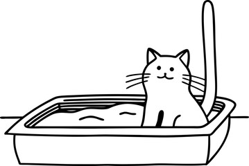 Cat sitting in litter box happy pet using clean sandbox for hygiene domestic animal bathroom routine, feline care, indoors