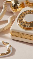 Vintage rotary phone with gold accents and coiled cord on soft surface with decorative bracelet