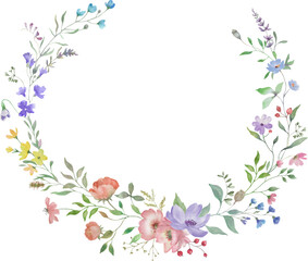 Watercolor floral wreath with wildflowers, leaves, lavender, herbs. Botanical background. Hand drawn floral illustration. Vector EPS.