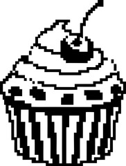 Obraz premium Pixel art cupcake with cherry on top retro digital dessert icon, black and white monochrome sweet treat illustration
