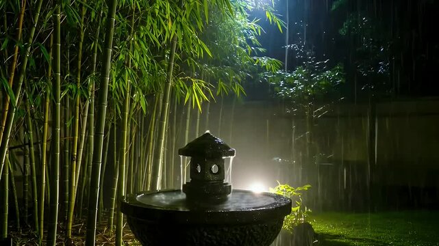 Peaceful Japanese Garden with Illuminated Bamboo and Stone Lantern Fountain at Night.