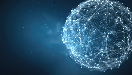 Abstract digital sphere representing interconnectedness. Blue background with dots and lines. Futuristic, geometric