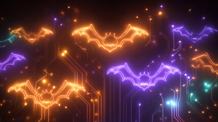 Futuristic Halloween abstract design with neon circuit lines shaped like bats and pumpkins featuring holographic fluid gradients in violet orange tones for technology festive creative concept.