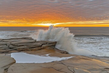 Dramatic sunrise over crashing waves on rocky coast