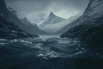 Obraz premium Stormy fjord, snow-capped mountains, rough waves