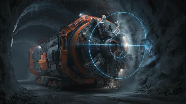 Medium shot of a guided tunnel excavation robot drilling precisely along a marked path in a rocky underground environment.