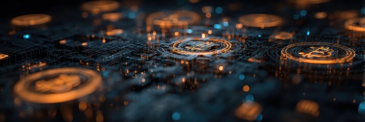 Abstract quantum inspired neural network pattern with glowing market symbols embedded in fractal geometry and futuristic artificial intelligence data for innovative finance predictive algorithm.