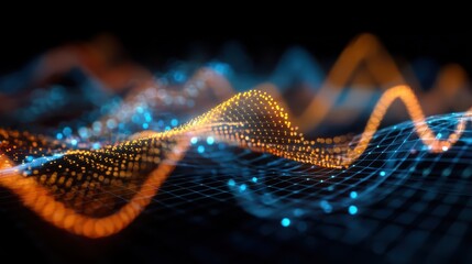 Abstract neural network grid with holographic layers of financial analytics and futuristic code merge into algorithmic market prediction with glowing blue orange waves for advanced trading innovation.
