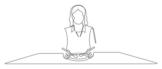 continuous line art of a female worker having lunch during her break.