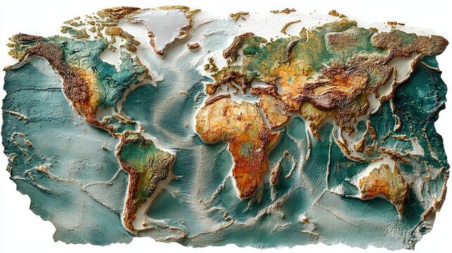 Colorful 3D relief map of the world with continents and oceans