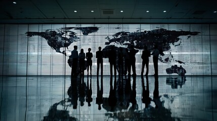 Silhouette of diverse team of professionals in modern command center looking at massive video wall with intricate global financial data and world maps for strategy risk management collaboration.