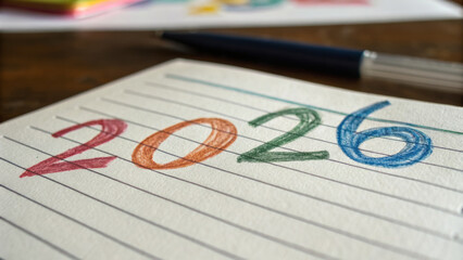 Angled view of a notebook page with "2026" written in colored pencils. The focus is on the date, with a blurred pen and markers in the background, creating a sense of work or study