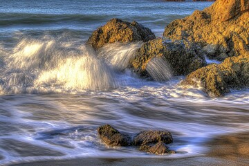 Ocean waves crashing over rocks on a sandy beach