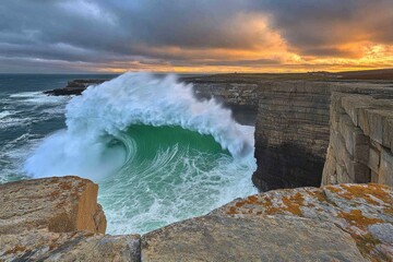 Dramatic ocean wave crashing against dramatic cliffs at sunset