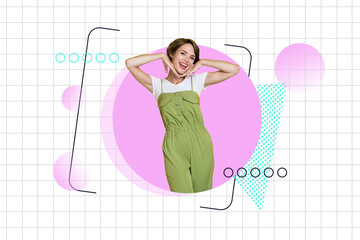 Artwork pop sketch banner full 3d collage of happy girl model stand cadre photographing shooting blogging reaction pose
