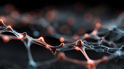 Captivating abstract network of glowing neural synapses firing with vibrant energy, representing connection, communication, and complex biological processes in stunning detail