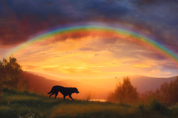 Fototapeta premium Dog beneath rainbow, serene sunset over hills, grassy foreground, peaceful nature scene. Silhouette of animal. Vibrant colors fill sky.
