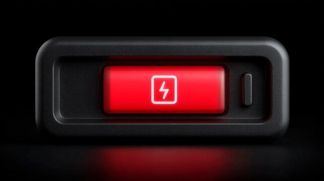 Futuristic black device glows with vibrant red power button featuring a lightning bolt symbol, symbolizing energy, activation, and modern technology for dynamic concepts.
