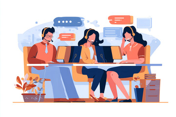 Team of call center agents assisting clients through online chat, providing excellent support and customer service.