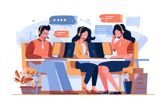 Team of call center agents assisting clients through online chat, providing excellent support and customer service.