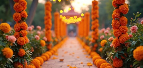Vibrant marigold flower garlands adorn pathway leading to archway. Floral decorations perfect for Indian Diwali festivals weddings Day of Dead celebrations. Blurred background adds depth to bright