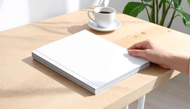 Hand reaching for a blank white book on a wooden table next to a coffee cup in natural light
