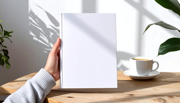 Blank cover of a book in a hand, with a coffee cup and plant on a wooden table, natural light casting shadows