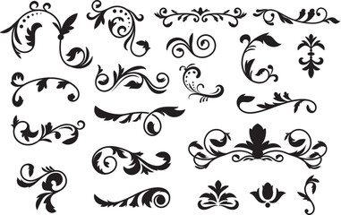 Flourishing decorative elements for retro design. Ornaments in the form of patterns, swirls, and flourishes. Vintage borders, frames, and patterns for invitations and certificates. A vector set.