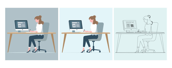 Female Office Worker Using Desktop Computer Illustration Pack